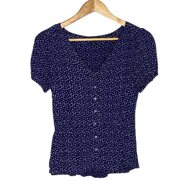 J. Crew Navy Blue White Star Print Peplum Button Front Top Size 00 - Picture 2 of 11